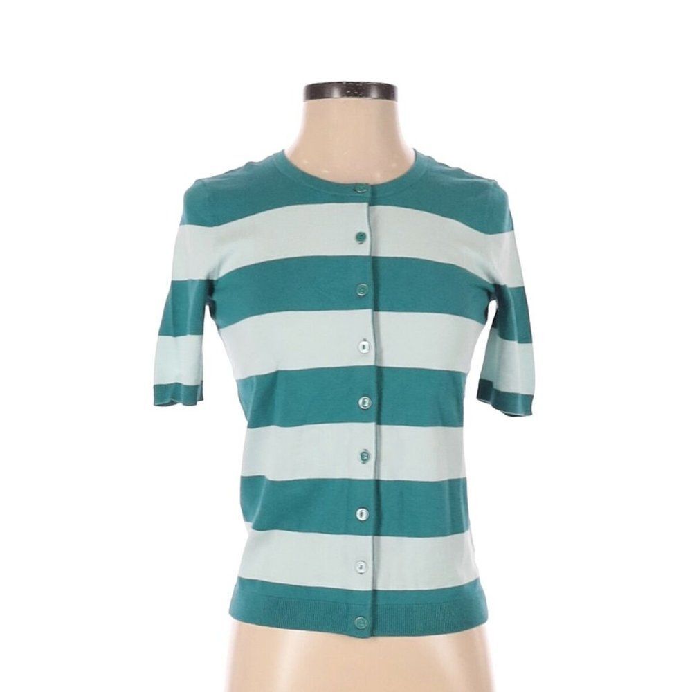 Striped Talbots Button Down Crew Neck Short Sleeve Knit Cardigan Sweater (NWT)